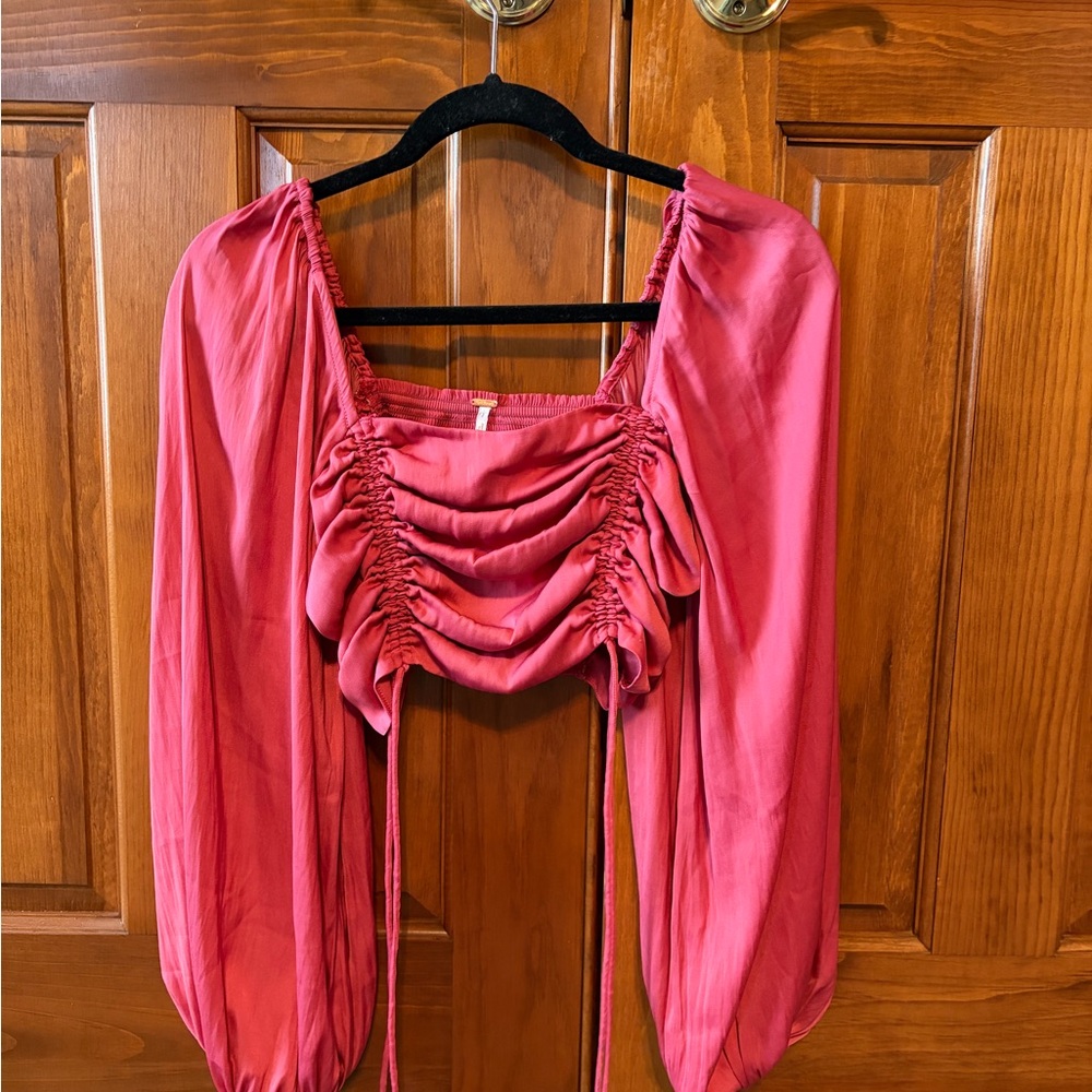 Free People Pink Ruched Long-Sleeve Crop Top